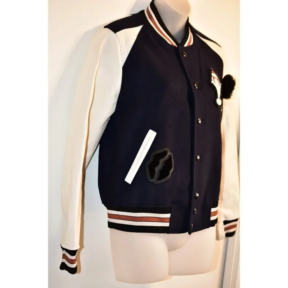 COACH 4 Riverdale Varsity Jacket White Leather Navy Bomber Ice Cream Patch Rare